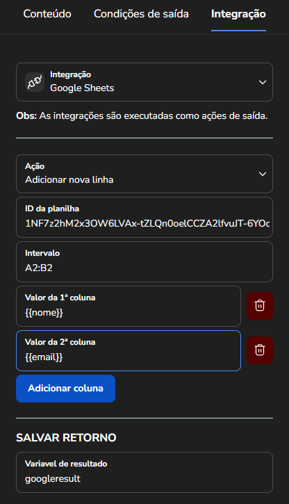 Formulário da ação Adicionar nova linha com ID da planilha, intervalo e um valor por coluna preenchidos com variáveis do fluxo