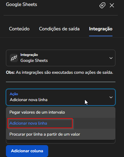 Campo Ação da extensão Google Sheets com a opção Adicionar nova linha selecionada
