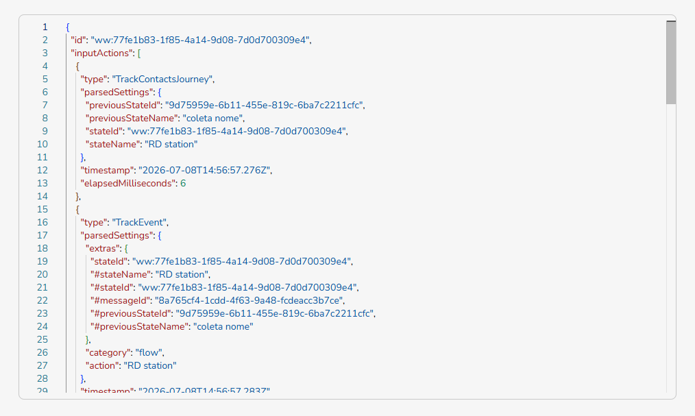 Detalhe de um bloco da jornada aberto em JSON, com input, configurações e erro