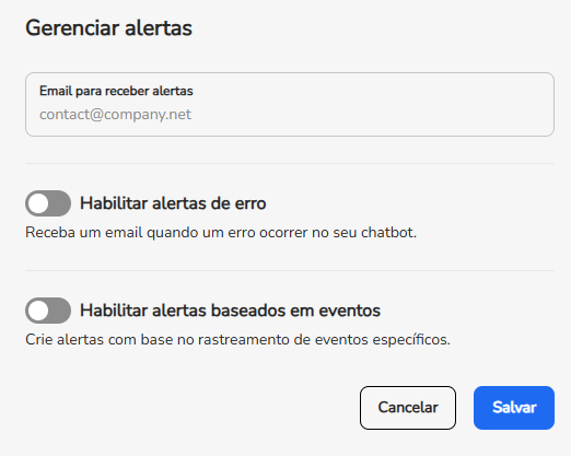 Janela Gerenciar alertas com o campo de e-mail e o alerta de erro ativado