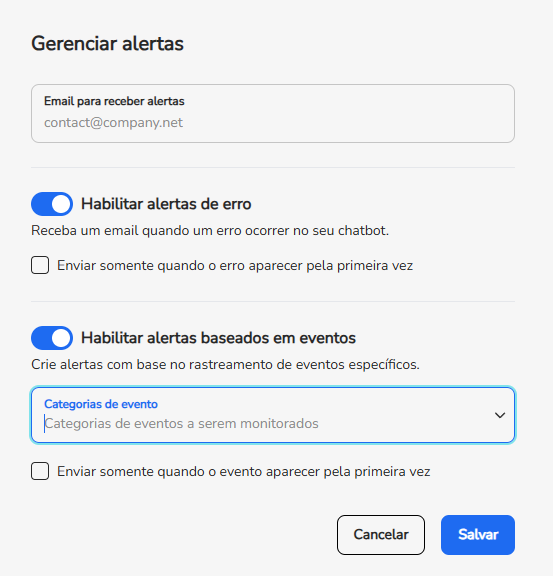 Seção de alertas baseados em eventos com o campo Categorias de evento