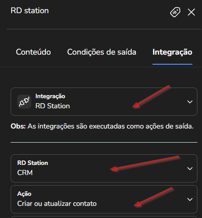 Ação de integração no Builder com RD Station selecionado no campo Integração