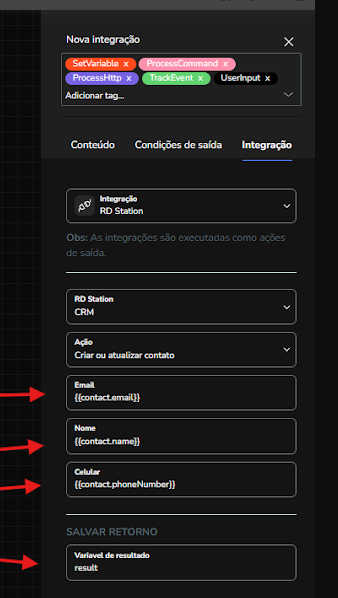 Campos da ação Criar ou atualizar contato preenchidos com variáveis do bot