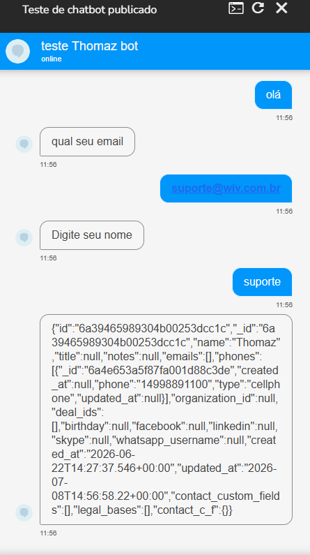Fluxo publicado no Builder após o teste com um novo lead