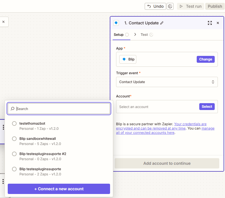 Conexão da conta Blip no Zapier com os campos ID do Bot e Public Key