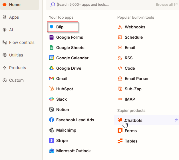 Seleção do aplicativo Blip como gatilho da automação no Zapier