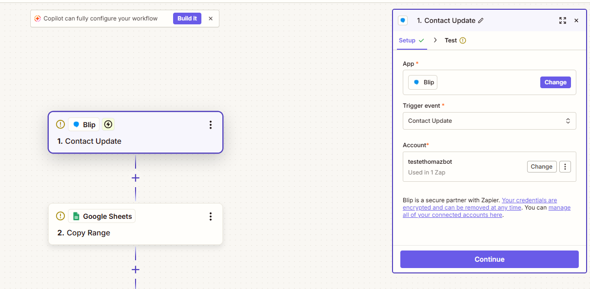 Gatilho Contact Update selecionado e conta Blip conectada no Zapier