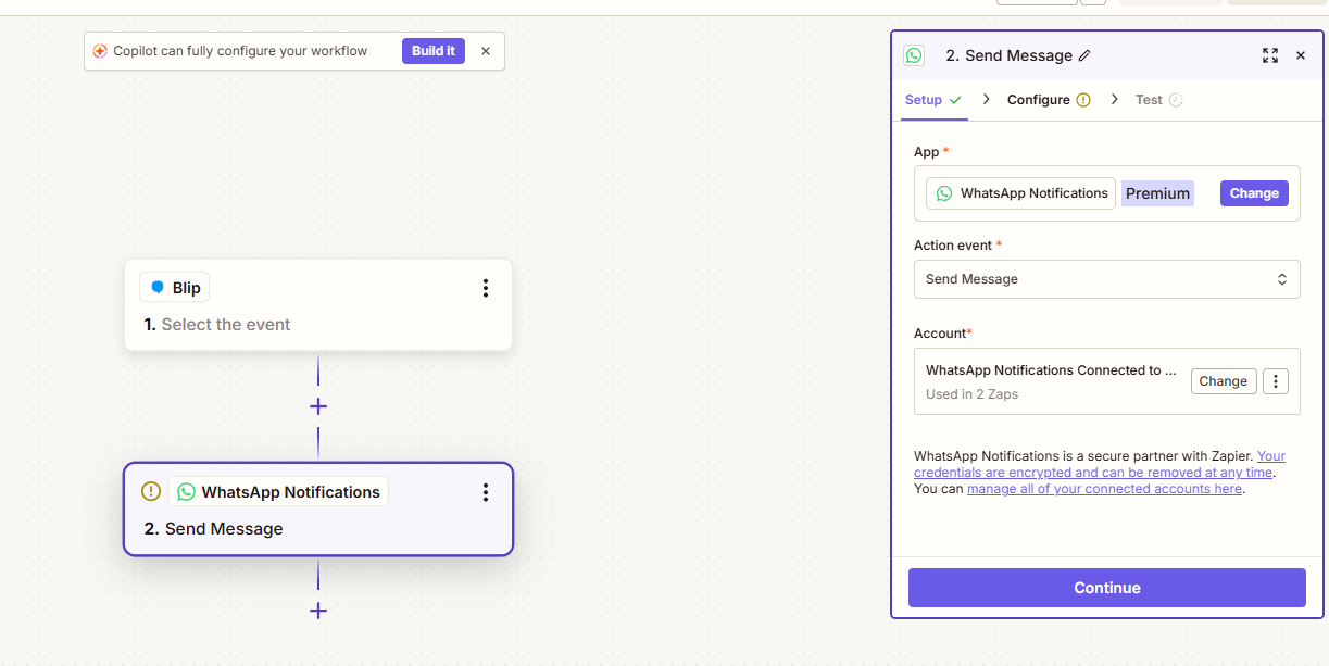Ação Send WhatsApp Message selecionada na etapa do Blip no Zapier
