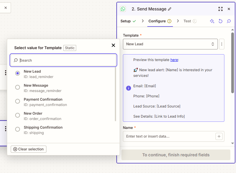Escolha do template de WhatsApp aprovado e preenchimento das variáveis no Zapier