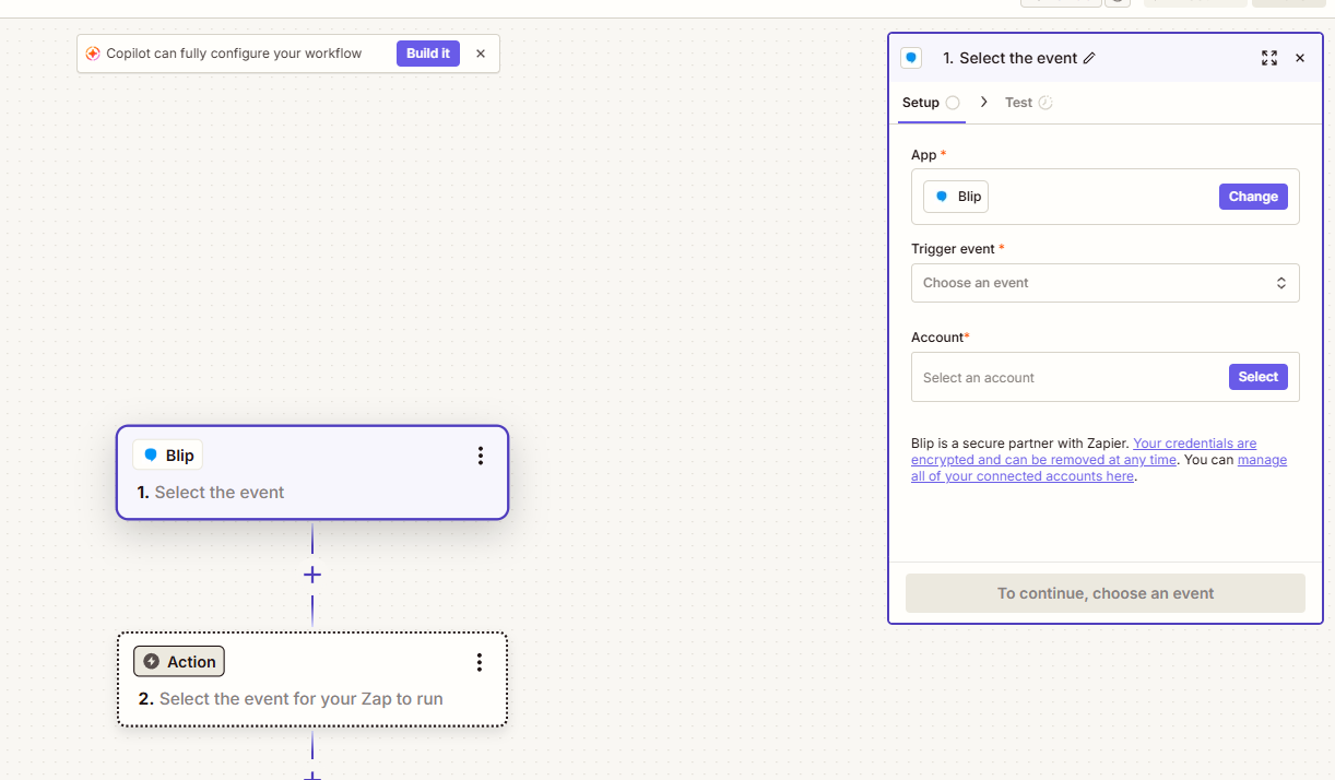Seleção do aplicativo Blip como ação da automação no Zapier