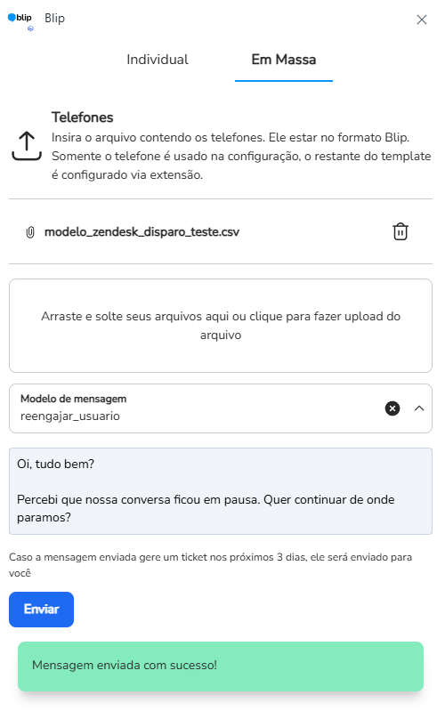 Prévia do envio em massa com o botão Enviar