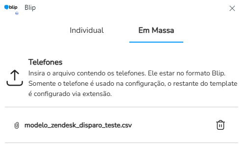 Campo Telefones com o arquivo CSV enviado na extensão