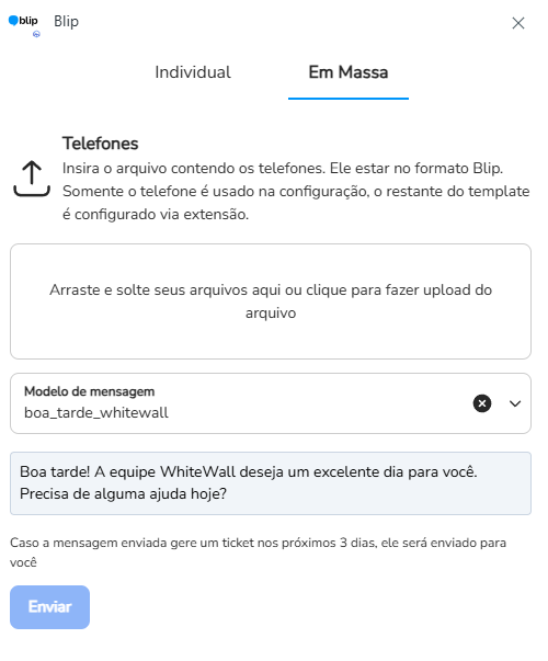 App Blip na barra superior do Zendesk com a aba Em Massa selecionada