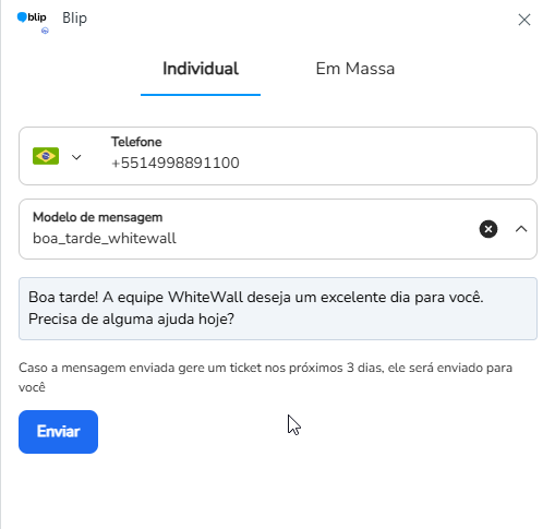 App Blip na barra lateral do Zendesk com o telefone do cliente preenchido