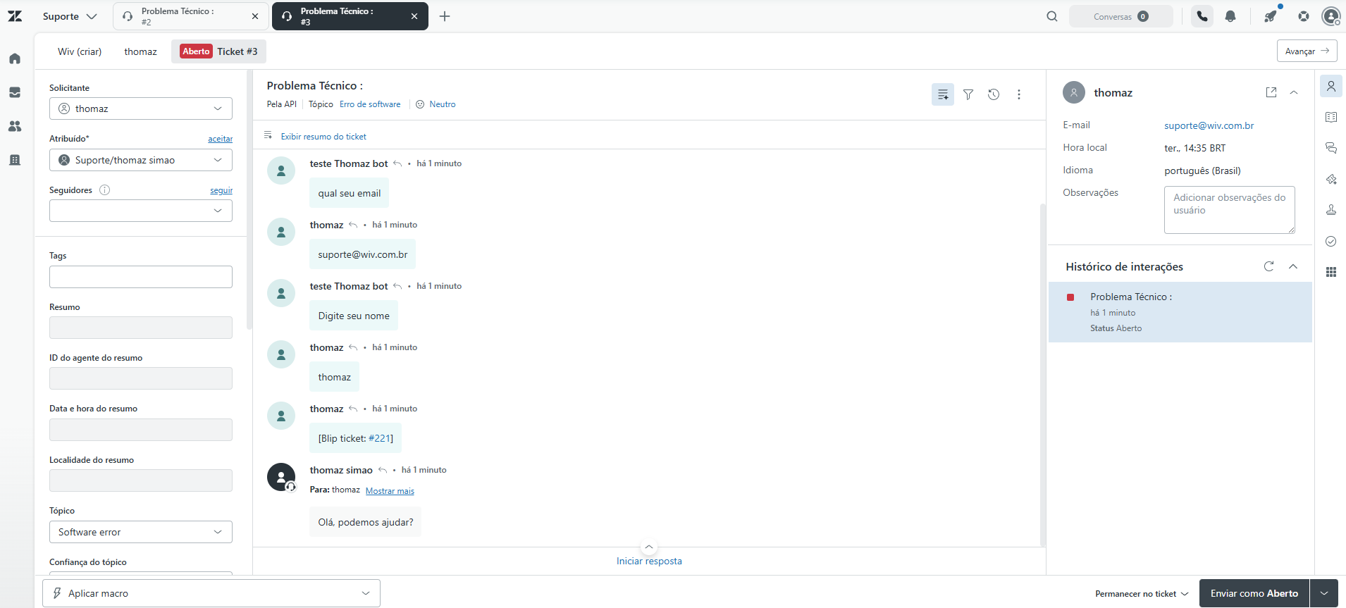 Ticket do Zendesk com os dados do contato e o histórico da conversa importado do Blip