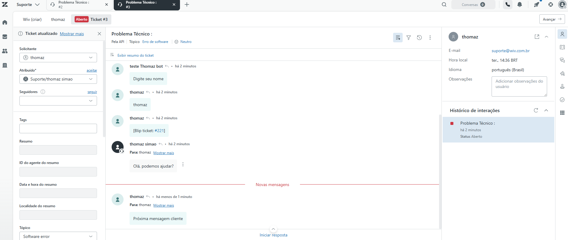 Campo de resposta do ticket no Zendesk com a mensagem que será enviada ao cliente pelo WhatsApp